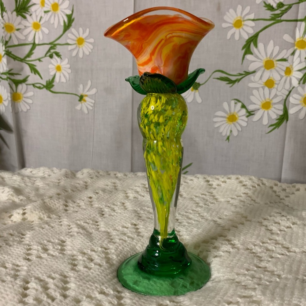 Vintage hand blown glass speckle green orange rose decorative art glass - Picture 2 of 8